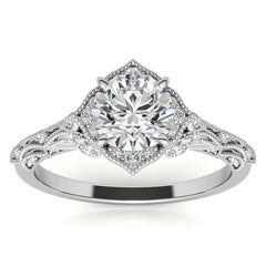 Round Antique Floral Moissanite Engagement Ring with Milgrain