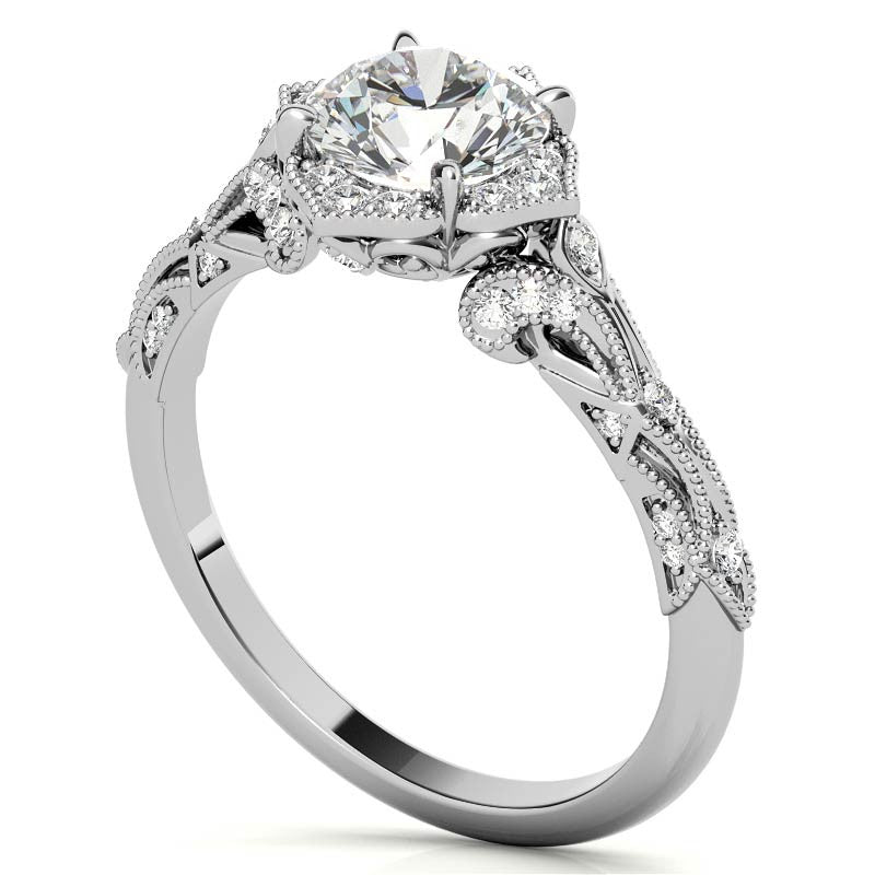 Round Antique Floral Moissanite Engagement Ring with Milgrain