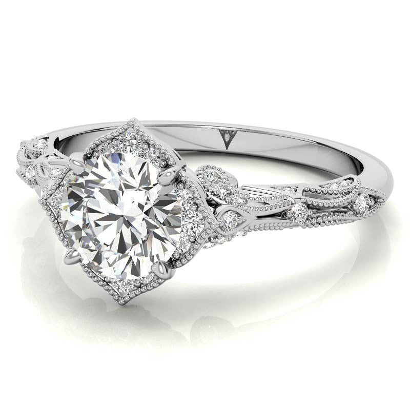 Round Antique Floral Moissanite Engagement Ring with Milgrain