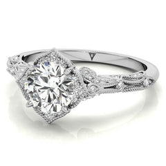 Round Antique Floral Moissanite Engagement Ring with Milgrain