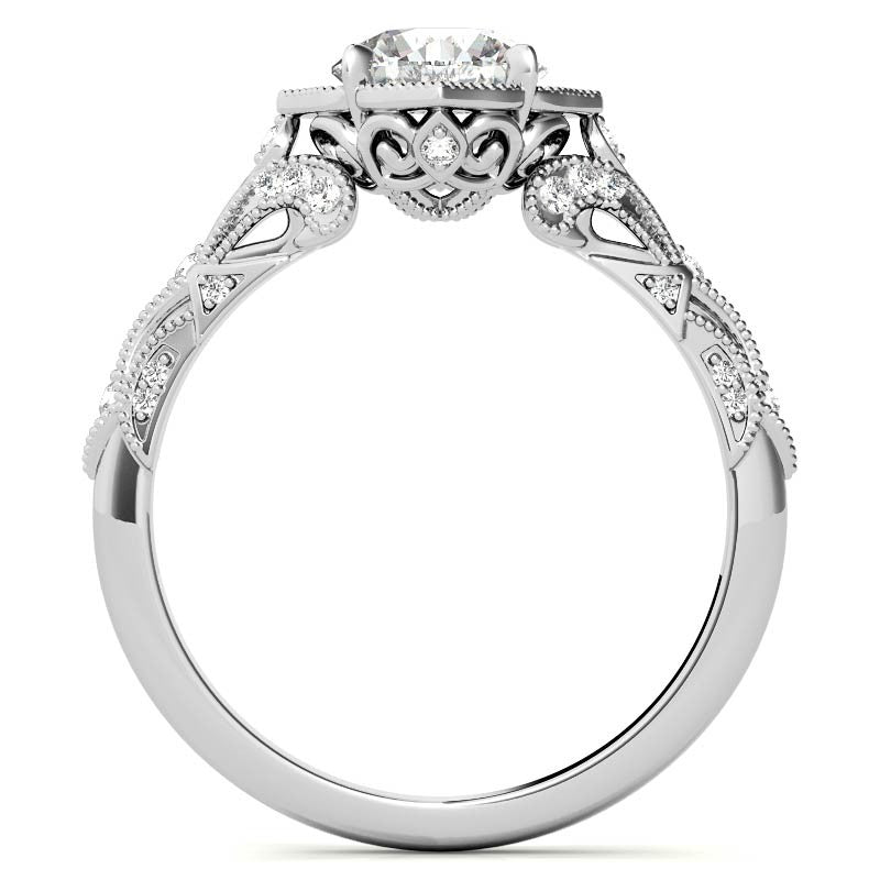 Round Antique Floral Moissanite Engagement Ring with Milgrain