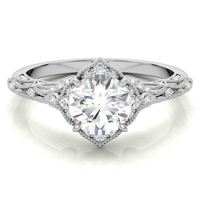 Round Antique Floral Moissanite Engagement Ring with Milgrain