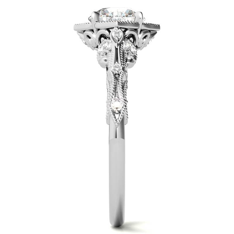 Round Antique Floral Moissanite Engagement Ring with Milgrain