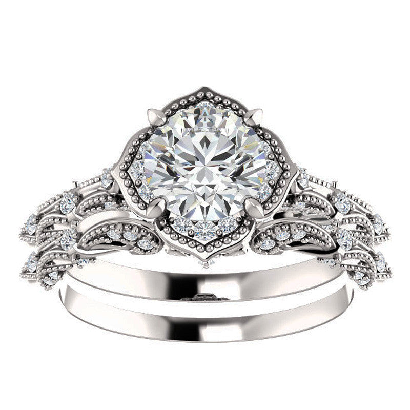 Round Antique Floral Moissanite Engagement Ring with Milgrain