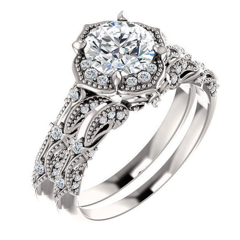 Round Antique Floral Moissanite Engagement Ring with Milgrain