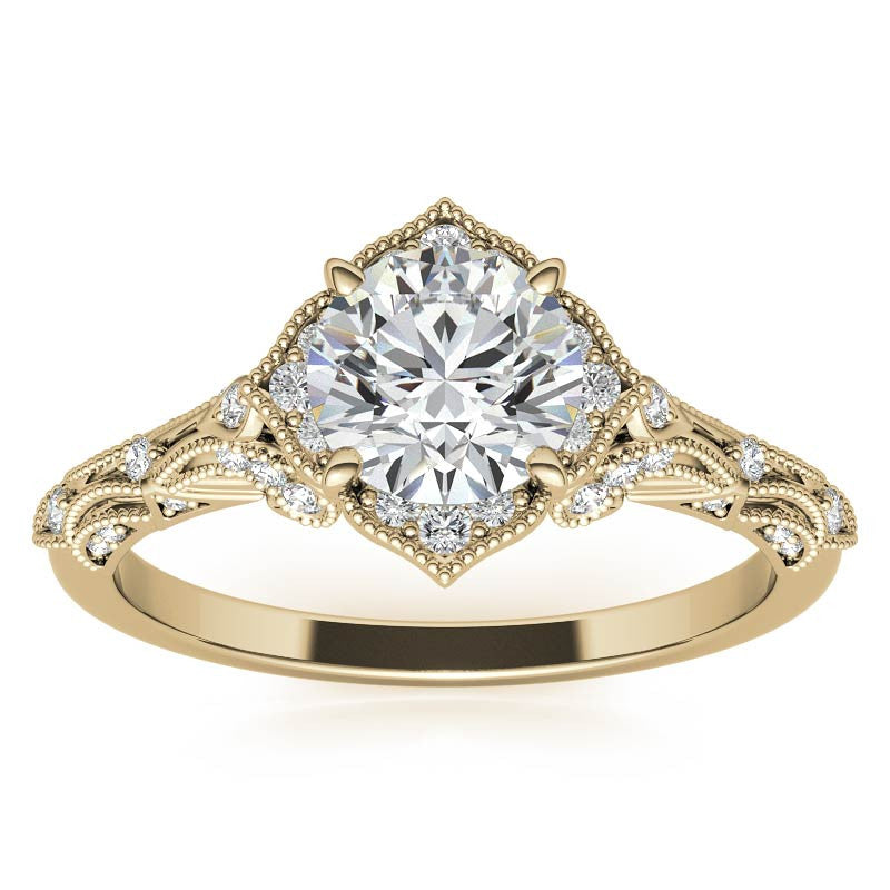 Round Antique Floral Moissanite Engagement Ring with Milgrain