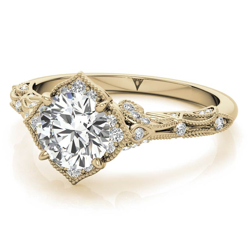 Round Antique Floral Moissanite Engagement Ring with Milgrain