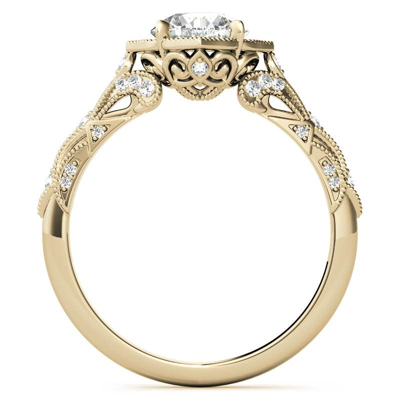 Round Antique Floral Moissanite Engagement Ring with Milgrain