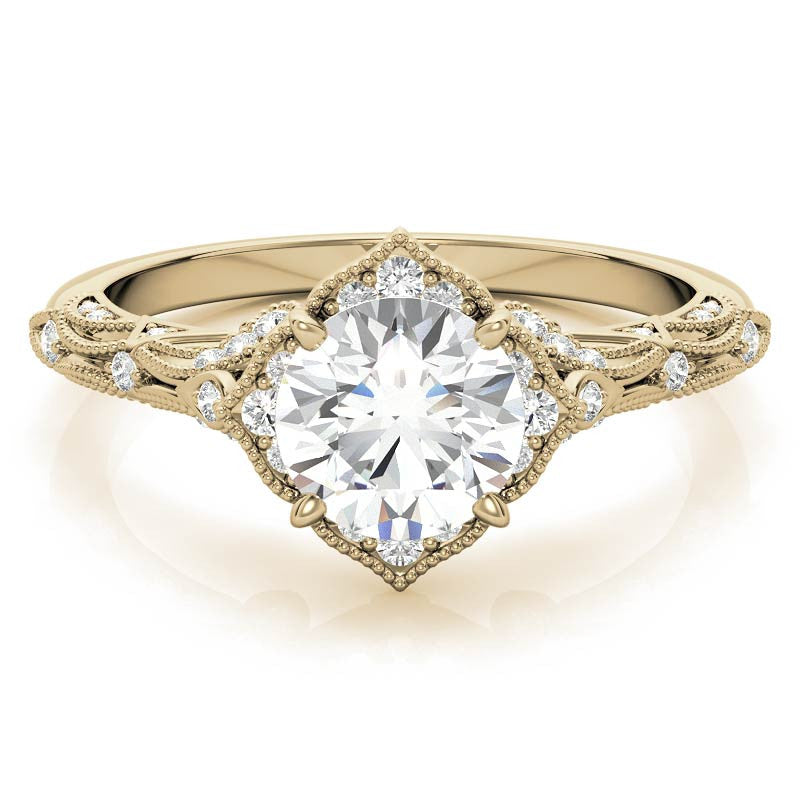 Round Antique Floral Moissanite Engagement Ring with Milgrain