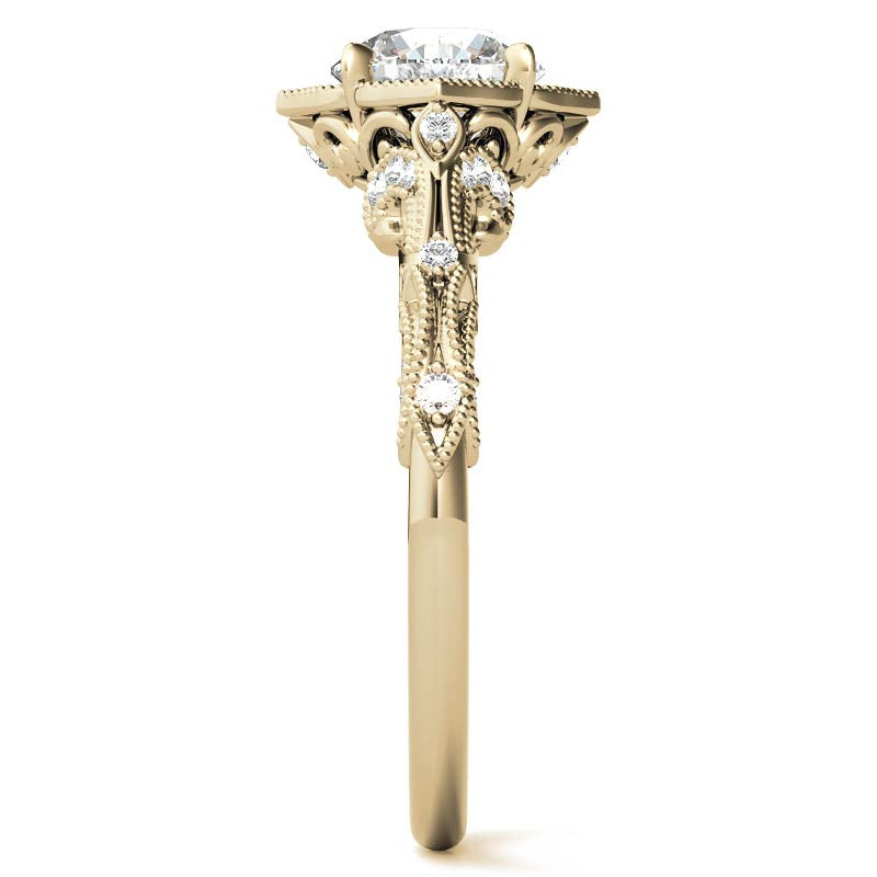 Round Antique Floral Moissanite Engagement Ring with Milgrain
