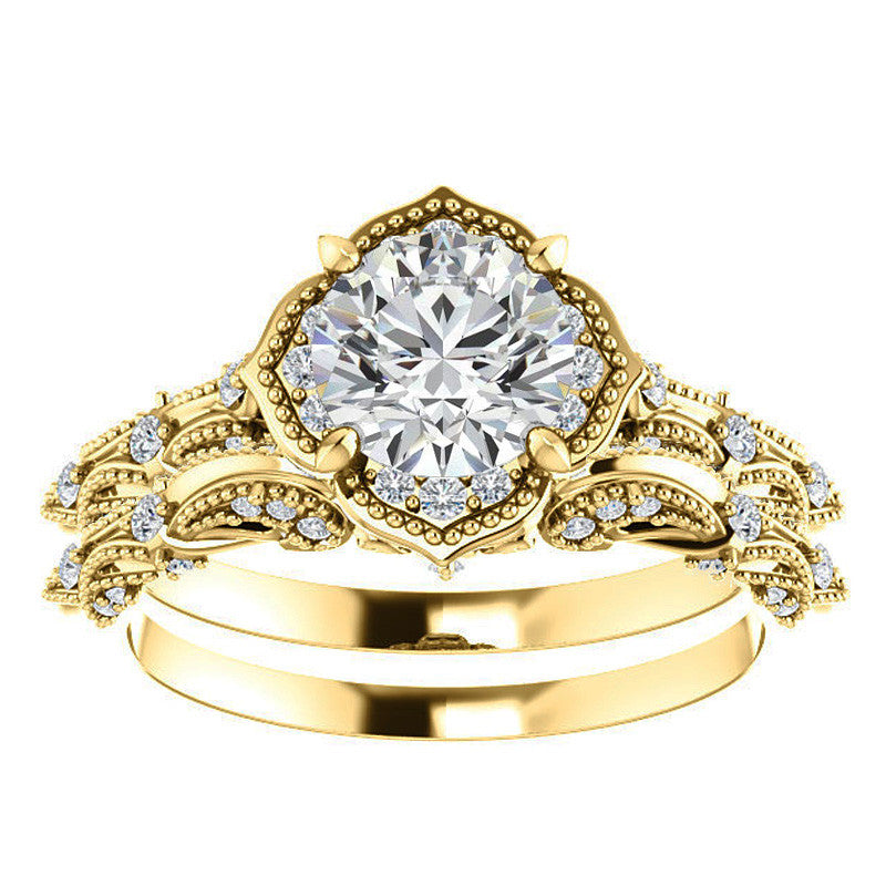 Round Antique Floral Moissanite Engagement Ring with Milgrain