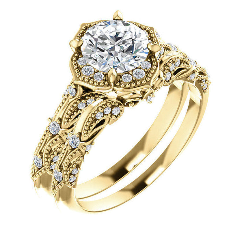 Round Antique Floral Moissanite Engagement Ring with Milgrain