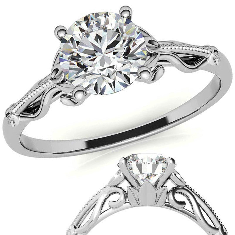 Petite Round Floral Moissanite Solitaire Ring with Milgrain