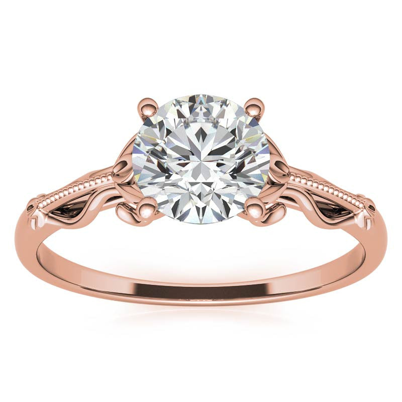 Petite Round Floral Moissanite Solitaire Ring with Milgrain