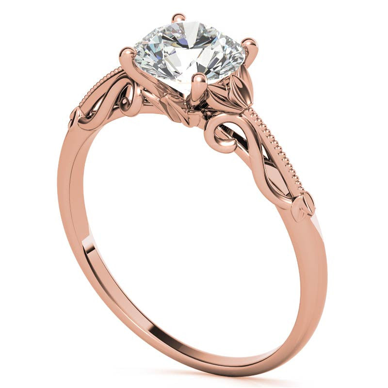 Petite Round Floral Moissanite Solitaire Ring with Milgrain