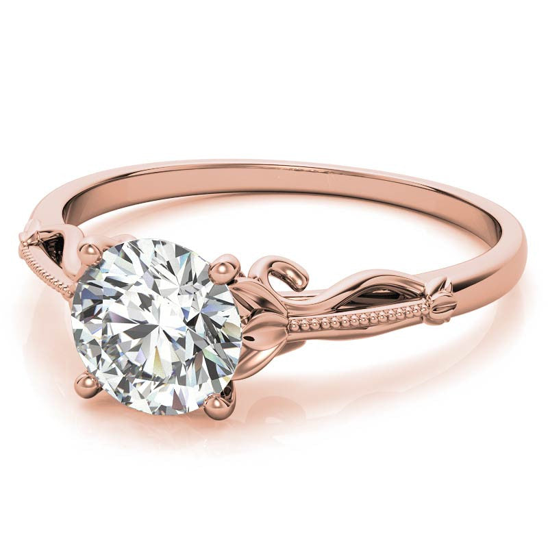 Petite Round Floral Moissanite Solitaire Ring with Milgrain