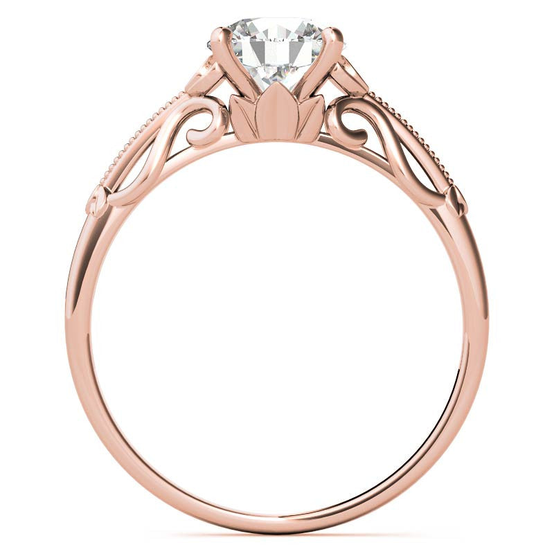 Petite Round Floral Moissanite Solitaire Ring with Milgrain