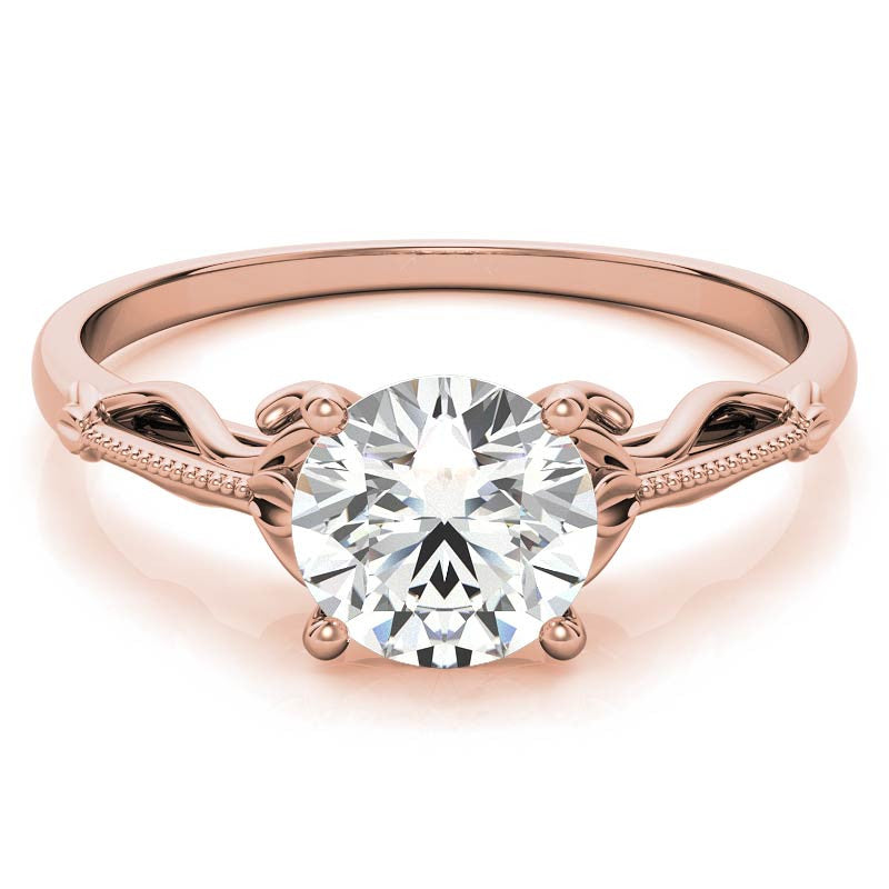 Petite Round Floral Moissanite Solitaire Ring with Milgrain