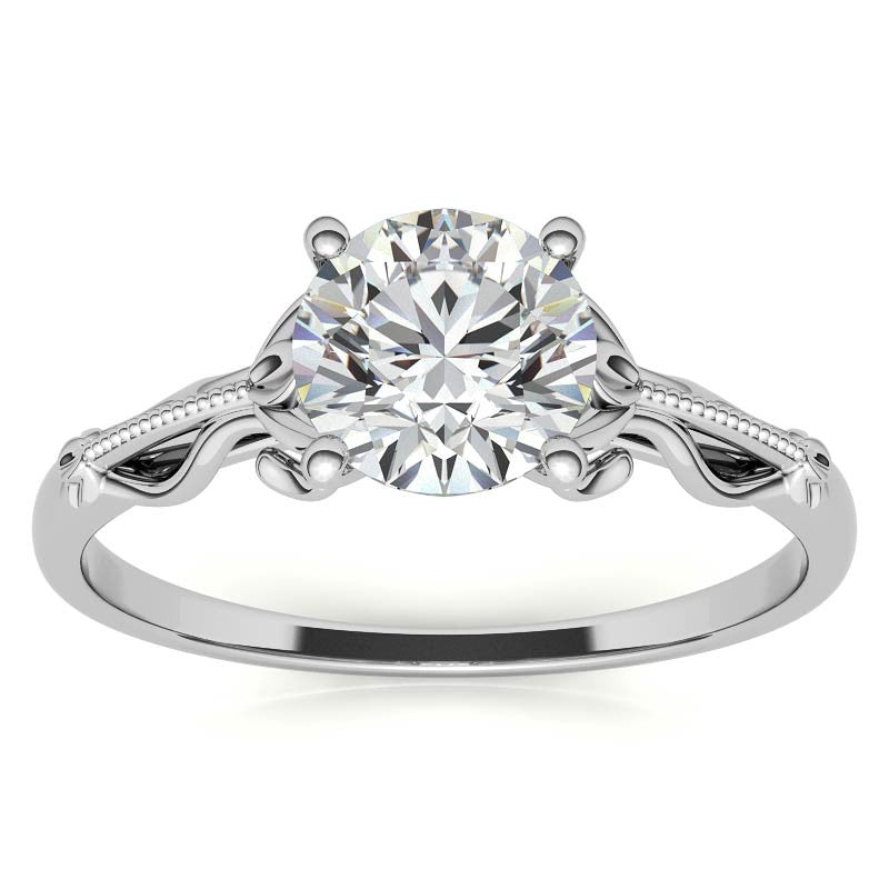 Petite Round Floral Moissanite Solitaire Ring with Milgrain