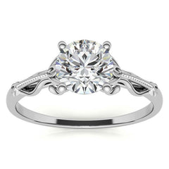 Petite Round Floral Moissanite Solitaire Ring with Milgrain