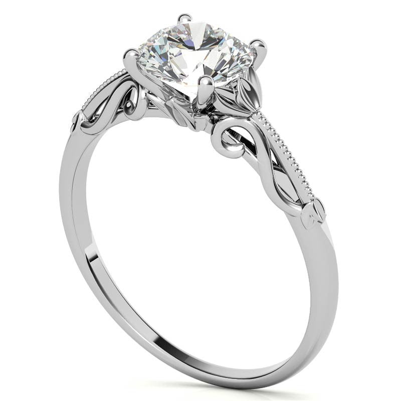 Petite Round Floral Moissanite Solitaire Ring with Milgrain