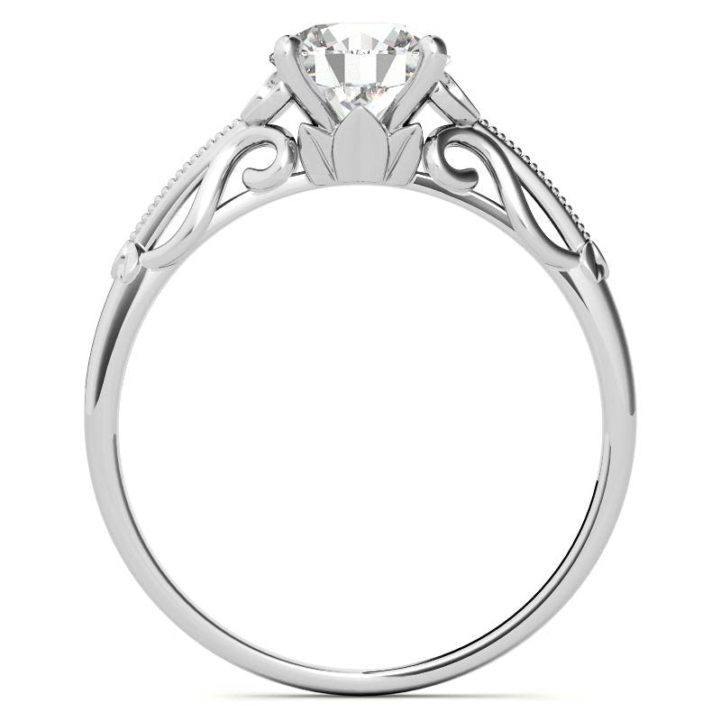 Petite Round Floral Moissanite Solitaire Ring with Milgrain