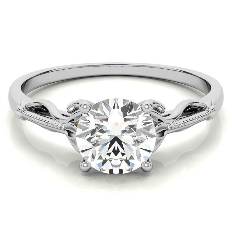 Petite Round Floral Moissanite Solitaire Ring with Milgrain