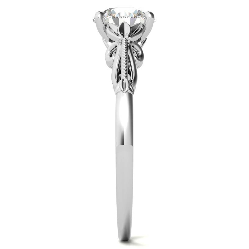 Petite Round Floral Moissanite Solitaire Ring with Milgrain