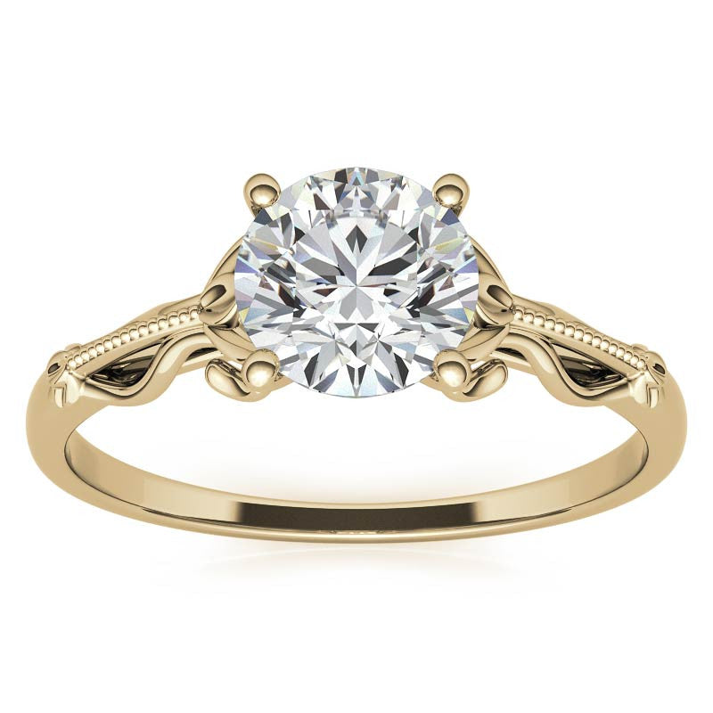 Petite Round Floral Moissanite Solitaire Ring with Milgrain