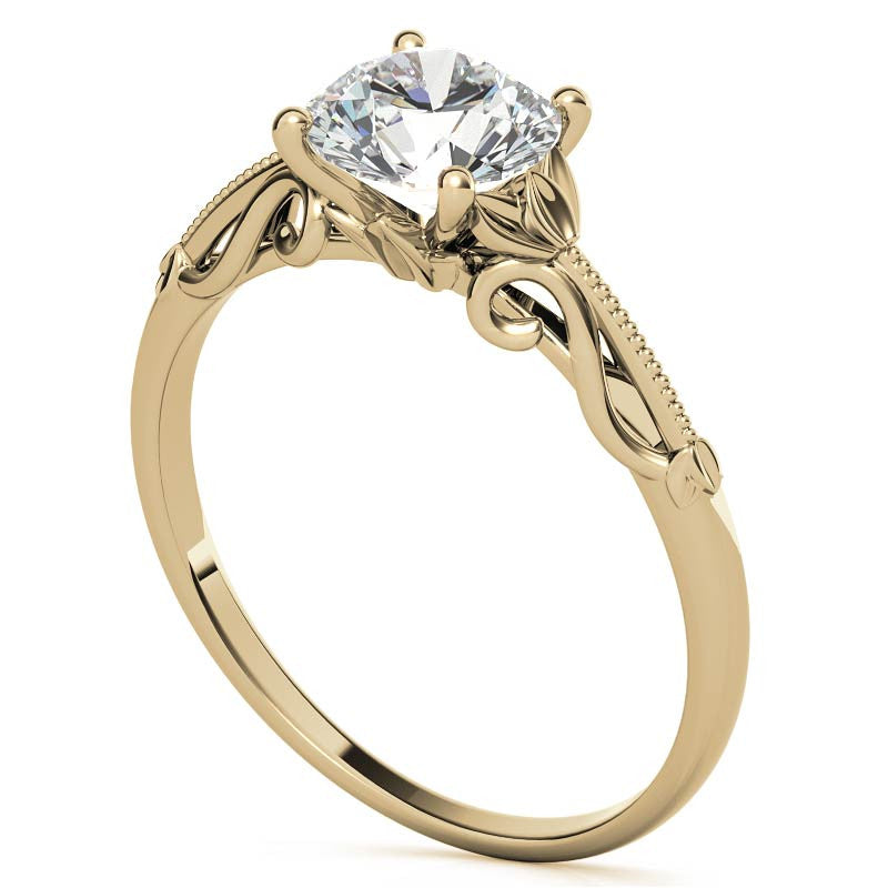 Petite Round Floral Moissanite Solitaire Ring with Milgrain