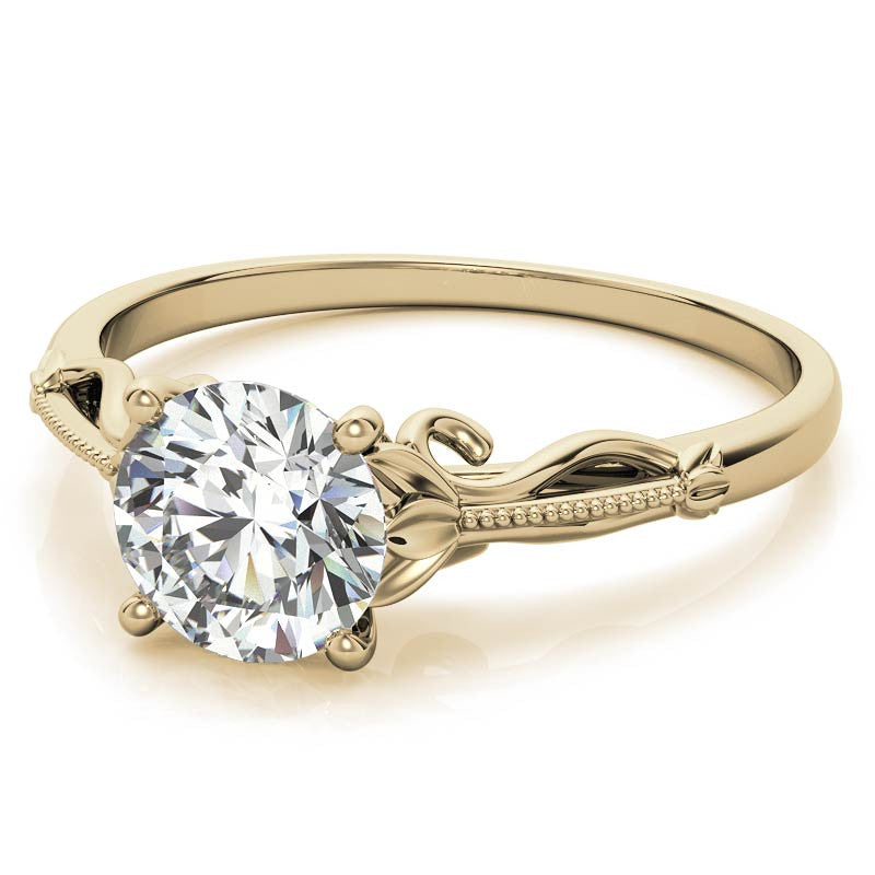 Petite Round Floral Moissanite Solitaire Ring with Milgrain