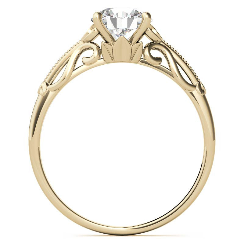 Petite Round Floral Moissanite Solitaire Ring with Milgrain