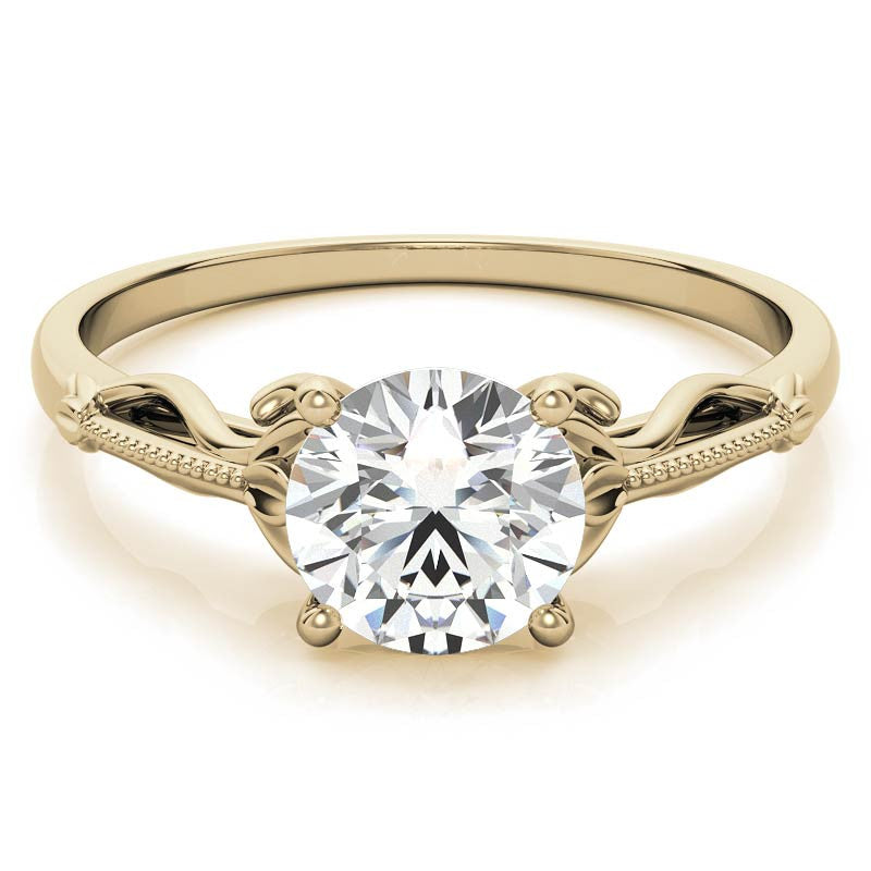 Petite Round Floral Moissanite Solitaire Ring with Milgrain