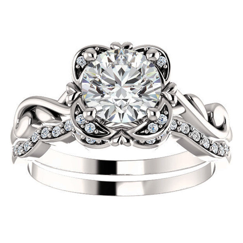 Round Heart Accented Moissanite Halo Engagement Ring