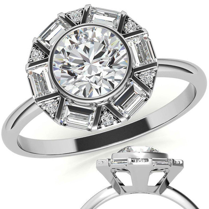 Unique Round and Emerald Bezel Halo Moissanite Engagement Ring
