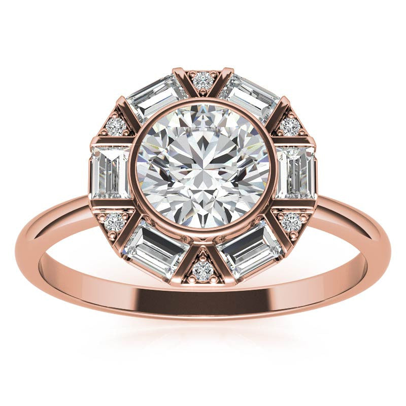 Unique Round and Emerald Bezel Halo Moissanite Engagement Ring