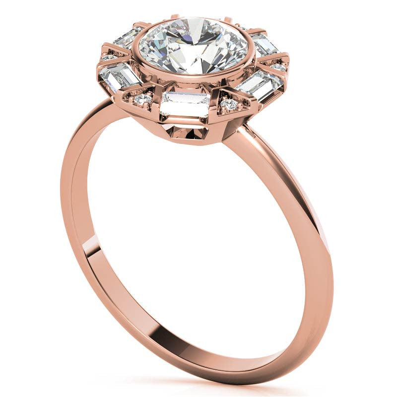Unique Round and Emerald Bezel Halo Moissanite Engagement Ring