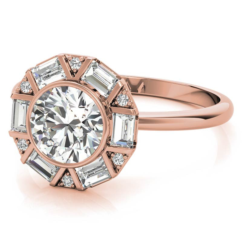 Unique Round and Emerald Bezel Halo Moissanite Engagement Ring