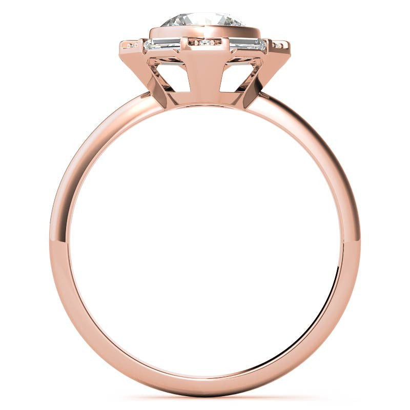 Unique Round and Emerald Bezel Halo Moissanite Engagement Ring