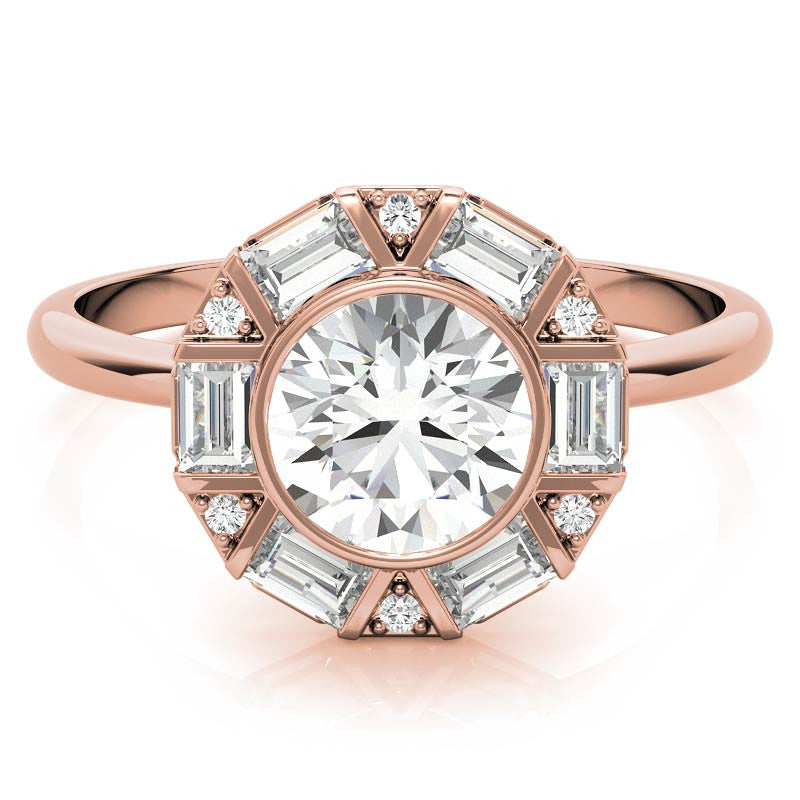 Unique Round and Emerald Bezel Halo Moissanite Engagement Ring