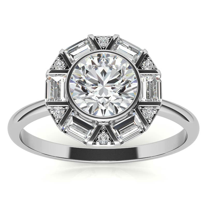 Unique Round and Emerald Bezel Halo Moissanite Engagement Ring