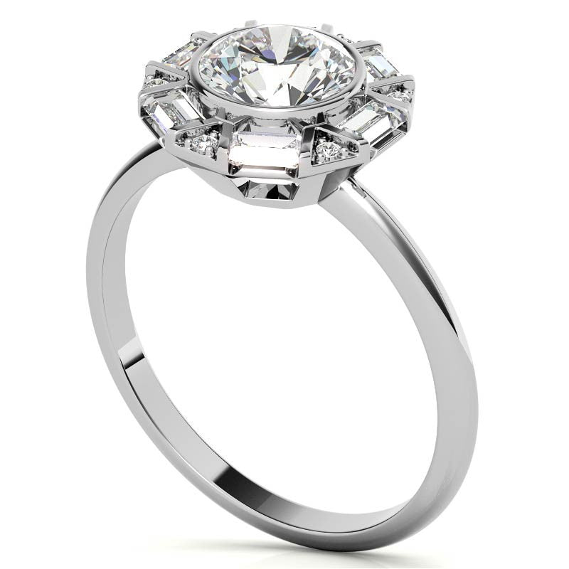 Unique Round and Emerald Bezel Halo Moissanite Engagement Ring