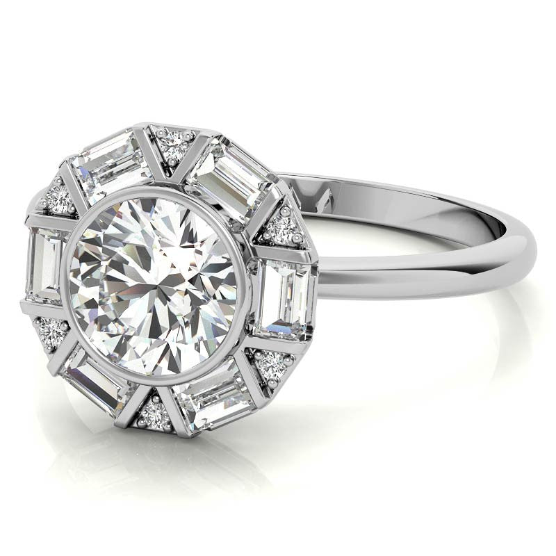Unique Round and Emerald Bezel Halo Moissanite Engagement Ring