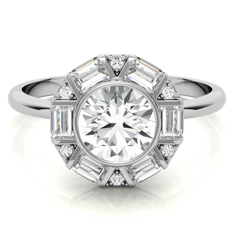 Unique Round and Emerald Bezel Halo Moissanite Engagement Ring