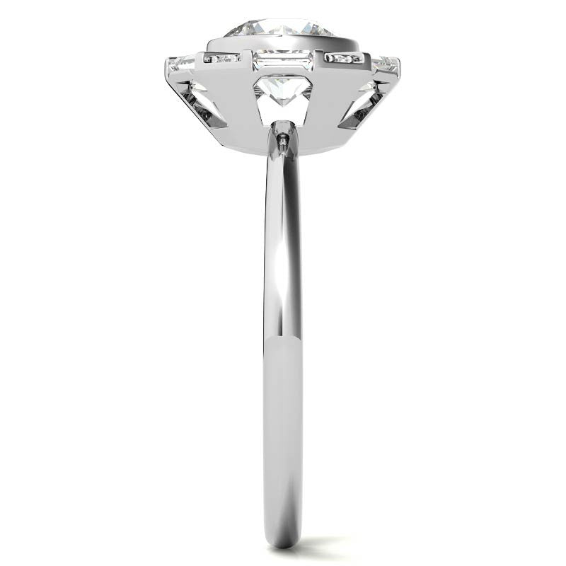 Unique Round and Emerald Bezel Halo Moissanite Engagement Ring