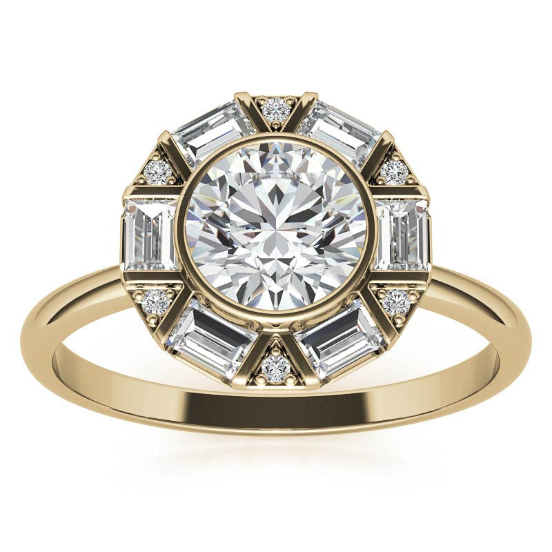 Unique Round and Emerald Bezel Halo Moissanite Engagement Ring