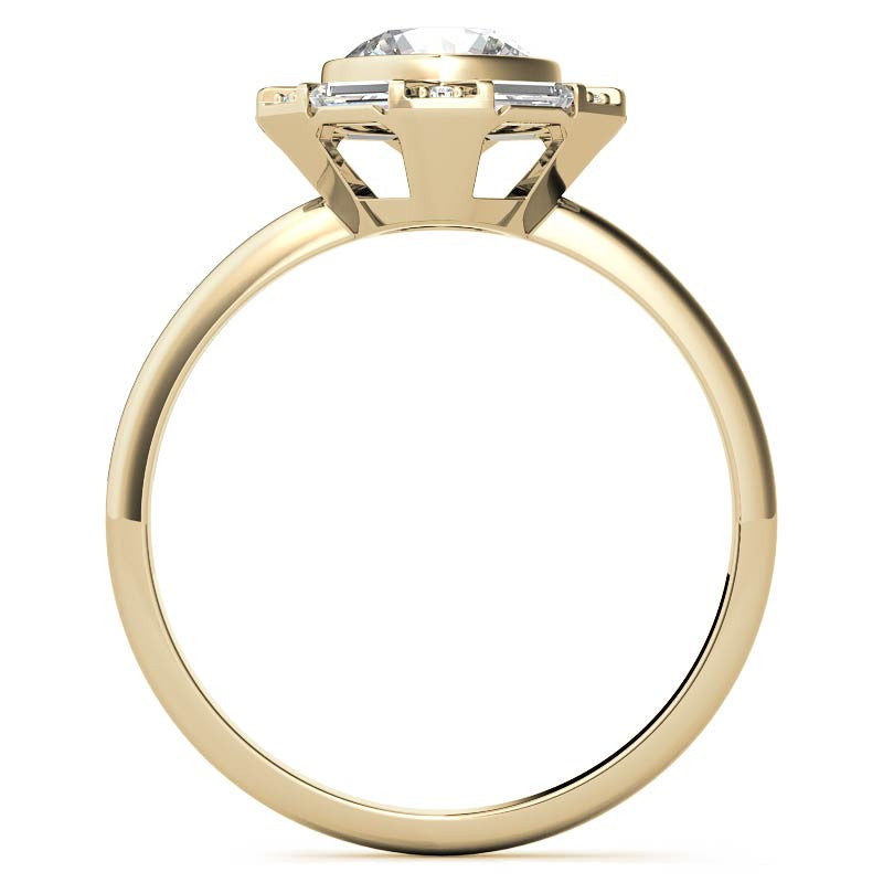 Unique Round and Emerald Bezel Halo Moissanite Engagement Ring