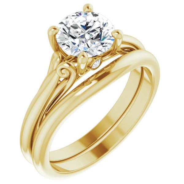 Round Scroll Moissanite Solitaire Ring with Surprise Diamond