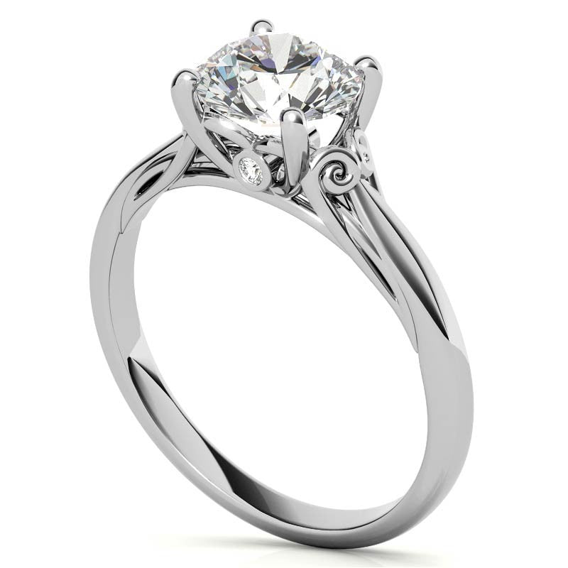 Round Scroll Moissanite Solitaire Ring with Surprise Diamond
