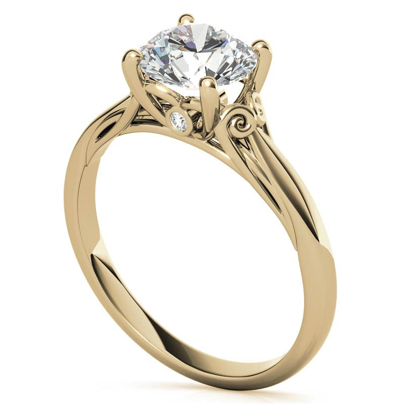Round Scroll Moissanite Solitaire Ring with Surprise Diamond